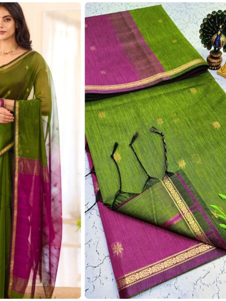 Light Green Pink Border Silk Cotton Saree